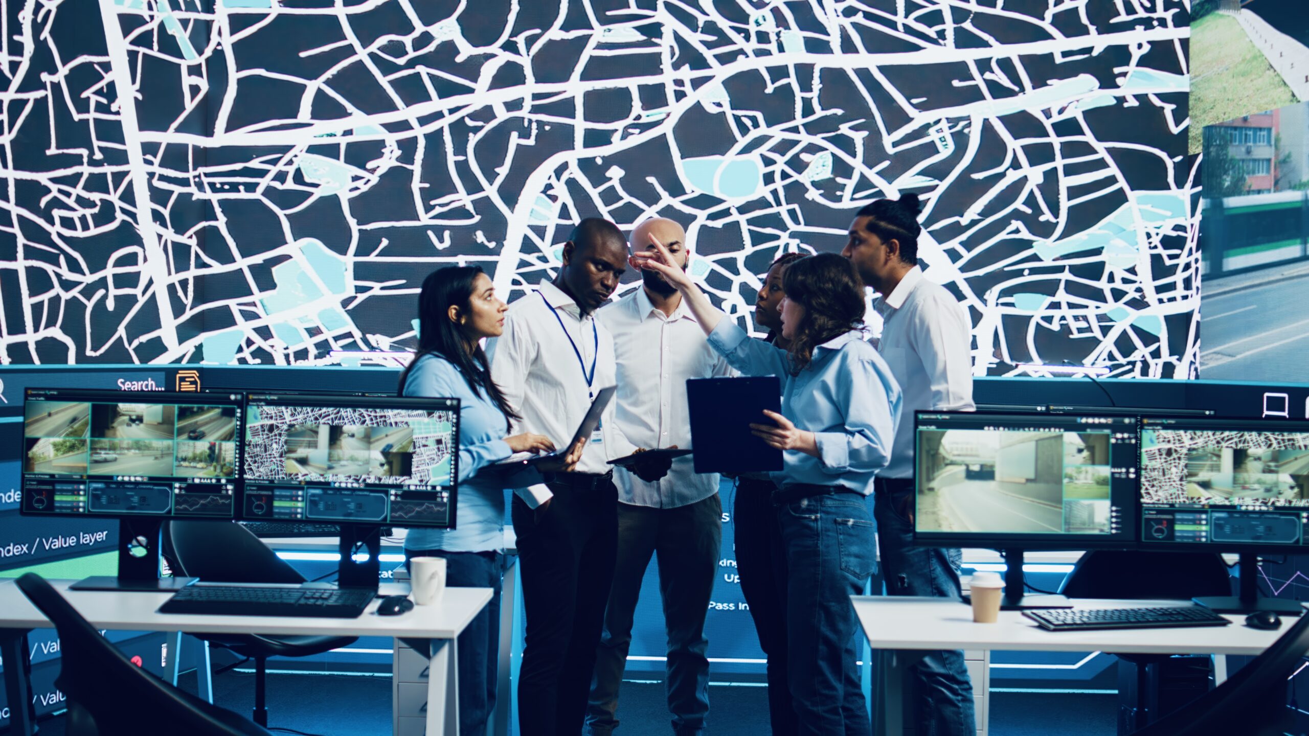 Diverse team of employees uniting forces to guide delivery trucks around the city, working together to help ship orders in time. Monitoring room satellite surveillance footage. Camera B.